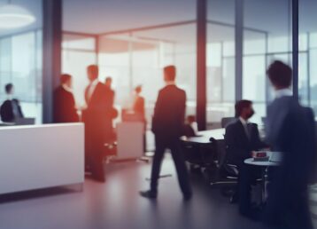 Blurred soft of people meeting at table. business people talking in modern office. Generative AI