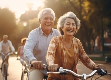 grandfather and grandmother are riding bicycles in the park in t